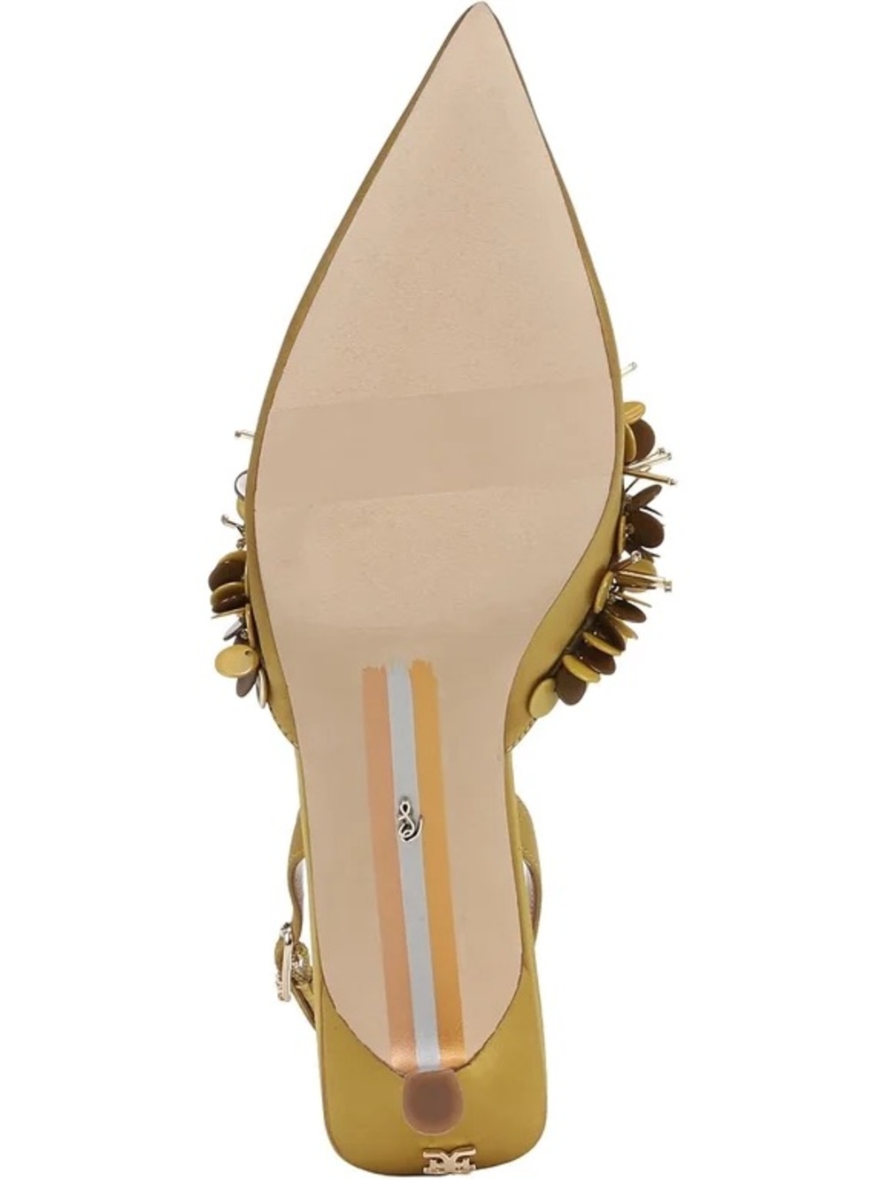 Sam Edelman Pointed Toe Slingback Satin Heels with Floral Appliqué - Mustard NIB - Picture 3 of 3